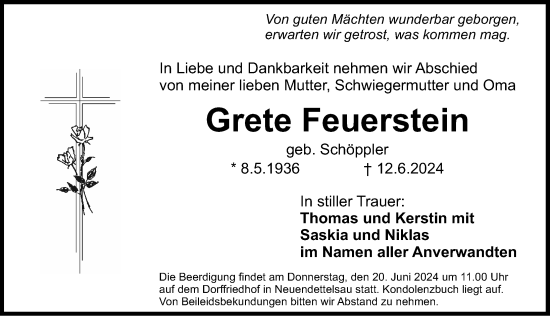 Traueranzeige von Grete Feuerstein von Ansbach