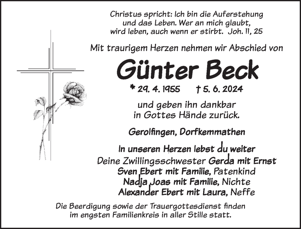  Traueranzeige für Günter Beck vom 08.06.2024 aus Dinkelsbühl/ Feuchtwangen