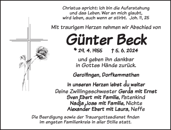 Traueranzeige von Günter Beck von Dinkelsbühl/ Feuchtwangen