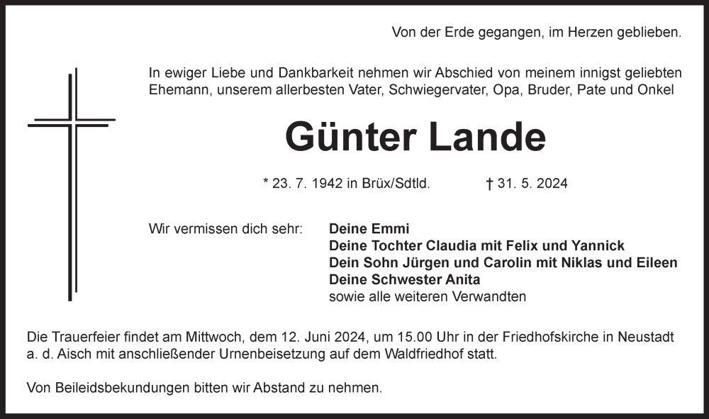  Traueranzeige für Günter Lande vom 08.06.2024 aus Neustadt/ Scheinfeld/ Uffenheim