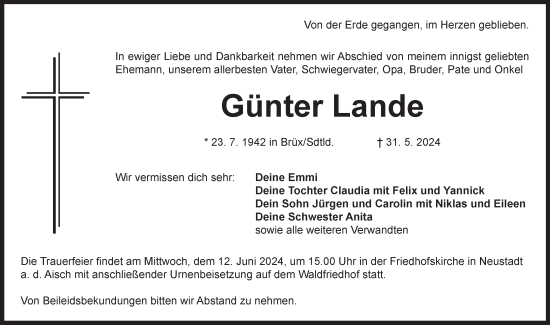 Traueranzeige von Günter Lande von Neustadt/ Scheinfeld/ Uffenheim