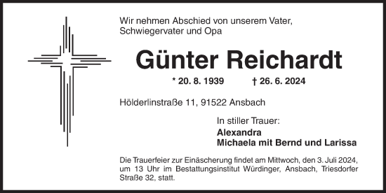 Traueranzeige von Günter Reichardt von Ansbach