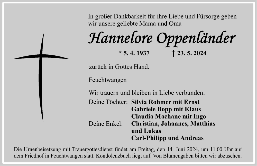  Traueranzeige für Hannelore Oppenländer vom 11.06.2024 aus Dinkelsbühl/ Feuchtwangen