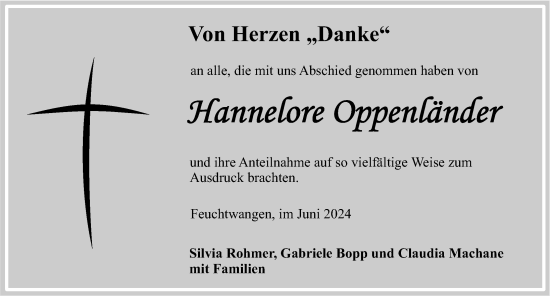 Traueranzeige von Hannelore Oppenländer von Dinkelsbühl/ Feuchtwangen