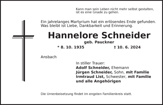 Traueranzeige von Hannelore Schneider von Ansbach