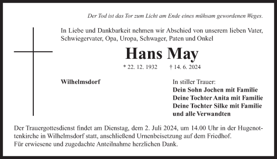 Traueranzeige von Hans May von Neustadt/ Scheinfeld/ Uffenheim