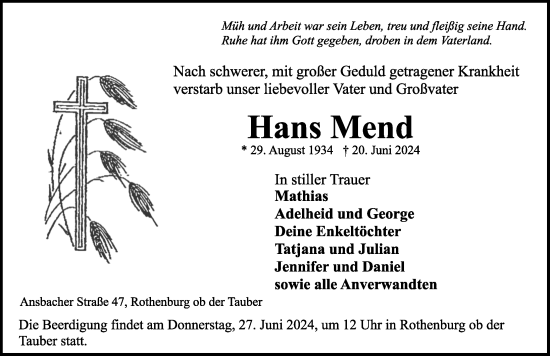 Traueranzeige von Hans Mend von Rothenburg
