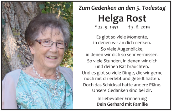 Traueranzeige von Helga Rost von Neustadt/ Scheinfeld/ Uffenheim