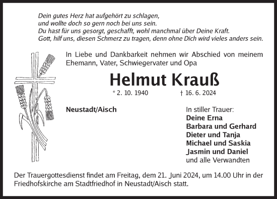 Traueranzeige von Helmut Krauß von Neustadt/ Scheinfeld/ Uffenheim