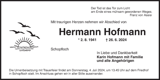 Traueranzeige von Hermann Hofmann von Dinkelsbühl/ Feuchtwangen