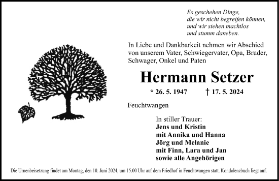 Traueranzeige von Hermann Setzer von Dinkelsbühl/ Feuchtwangen