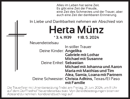 Traueranzeige von Herta Münz von Ansbach