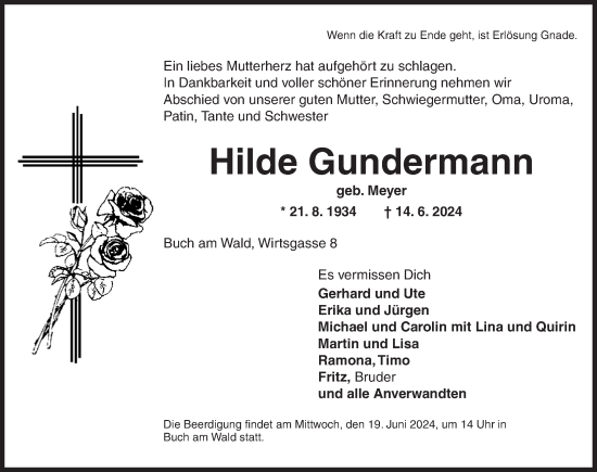 Traueranzeige von Hilde Gundermann von Ansbach