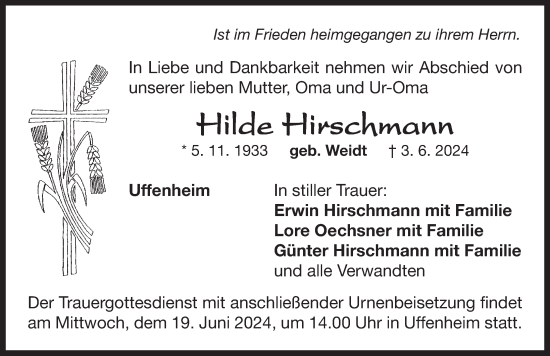 Traueranzeige von Hilde Hirschmann von Neustadt/ Scheinfeld/ Uffenheim