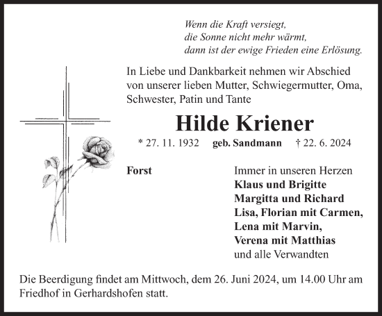 Traueranzeige von Hilde Kriener von Neustadt/ Scheinfeld/ Uffenheim