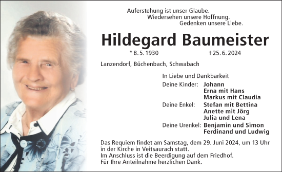 Traueranzeige von Hildegard Baumeister von Ansbach