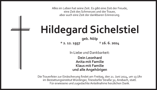 Traueranzeige von Hildegard Sichelstiel von Ansbach