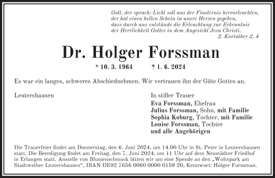 Traueranzeige von Holger Forssman von Ansbach