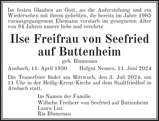 Traueranzeige von Ilse Freifrau Freifrau von Seefried auf Buttenheim von Ansbach