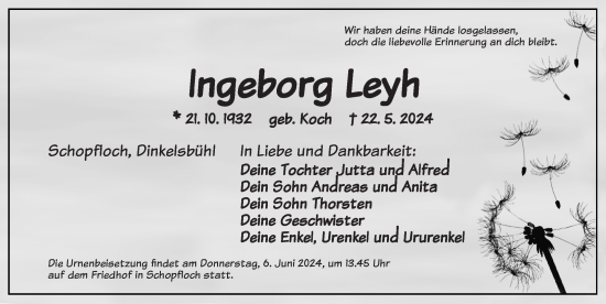 Traueranzeige von Ingeborg Leyh von Dinkelsbühl/ Feuchtwangen