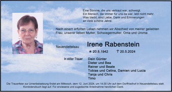 Traueranzeige von Irene Rabenstein von Ansbach