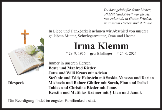 Traueranzeige von Irma Klemm von Neustadt/ Scheinfeld/ Uffenheim