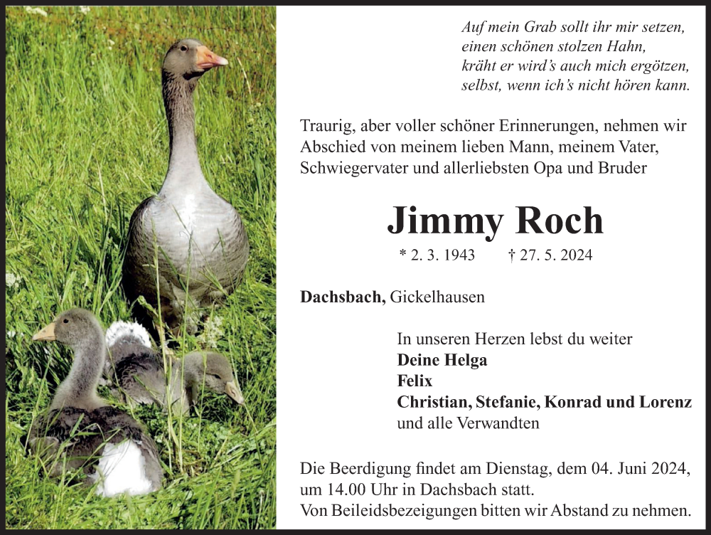  Traueranzeige für Jimmy Roch vom 01.06.2024 aus Neustadt/ Scheinfeld/ Uffenheim