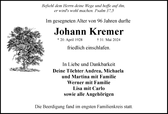 Traueranzeige von Johann Kremer von Rothenburg
