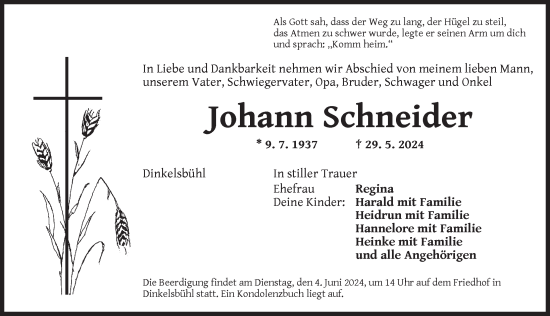 Traueranzeige von Johann Schneider von Dinkelsbühl/ Feuchtwangen