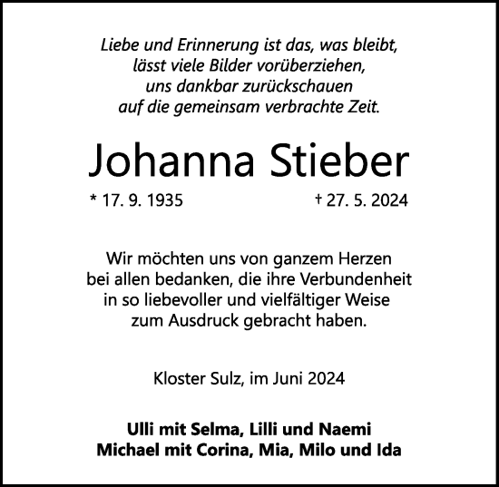 Traueranzeige von Johanna Stieber von Rothenburg