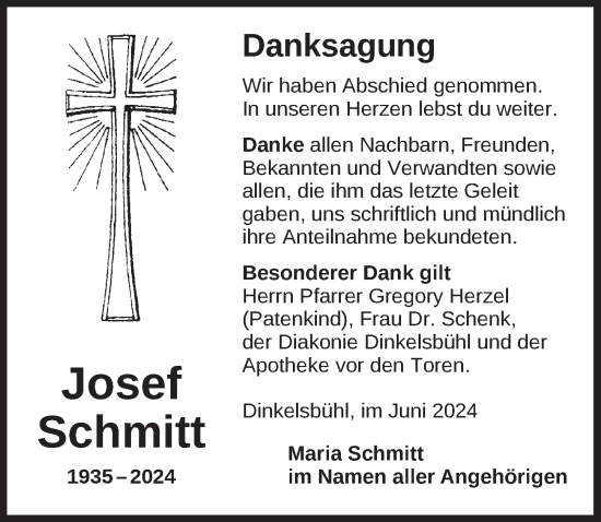 Traueranzeige von Josef Schmitt von Dinkelsbühl/ Feuchtwangen