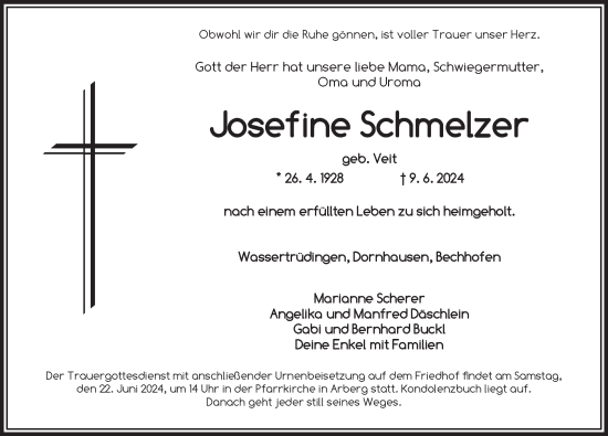 Traueranzeige von Josefine Schmelzer von Dinkelsbühl/ Feuchtwangen