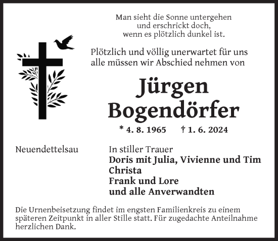 Traueranzeige von Jürgen Bogendörfer von Ansbach