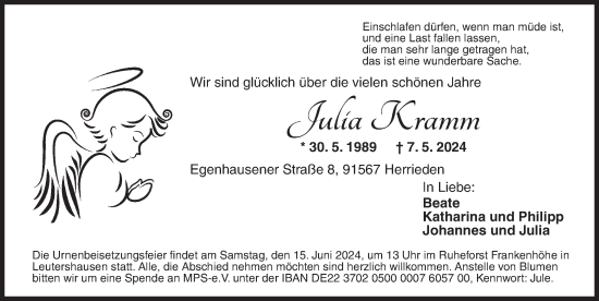 Traueranzeige von Julia Kramm von Ansbach