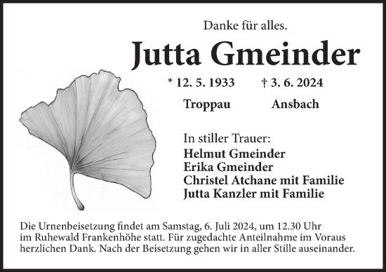 Traueranzeige von Jutta Gmeinder von Ansbach