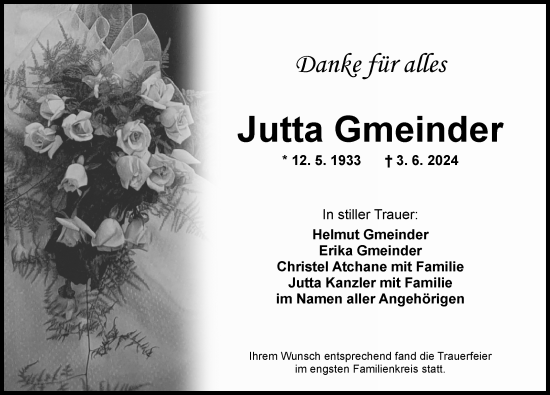 Traueranzeige von Jutta Gmeinder von Ansbach