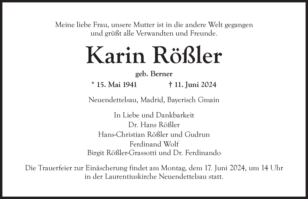  Traueranzeige für Karin Rößler vom 14.06.2024 aus Ansbach
