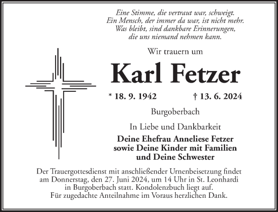 Traueranzeige von Karl Fetzer von Ansbach