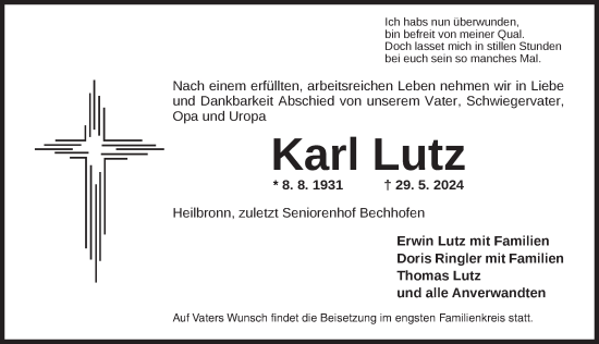 Traueranzeige von Karl Lutz von Dinkelsbühl/ Feuchtwangen