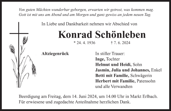 Traueranzeige von Konrad Schönleben von Neustadt/ Scheinfeld/ Uffenheim