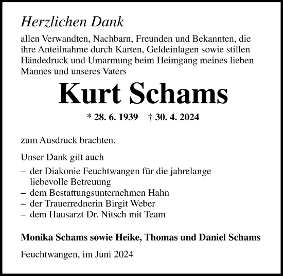 Traueranzeige von Kurt Schams von Dinkelsbühl/ Feuchtwangen