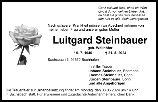 Traueranzeige von Luitgard Steinbauer von Ansbach