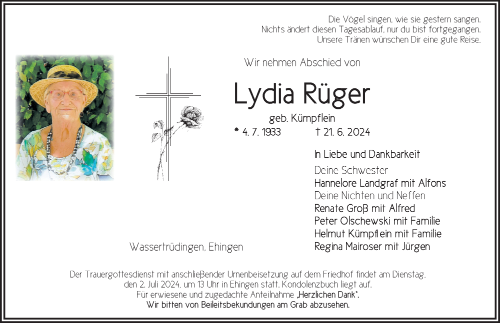  Traueranzeige für Lydia Rüger vom 29.06.2024 aus Dinkelsbühl/ Feuchtwangen