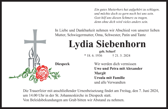 Traueranzeige von Lydia Siebenhorn von Neustadt/ Scheinfeld/ Uffenheim