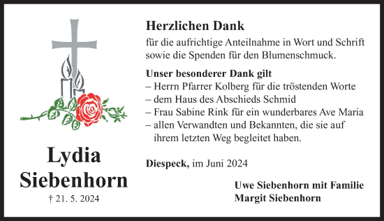 Traueranzeige von Lydia Siebenhorn von Neustadt/ Scheinfeld/ Uffenheim