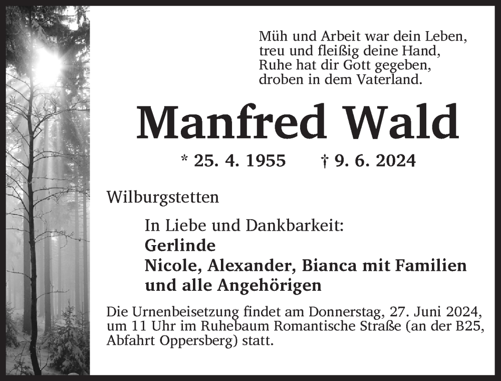  Traueranzeige für Manfred Wald vom 22.06.2024 aus Dinkelsbühl/ Feuchtwangen