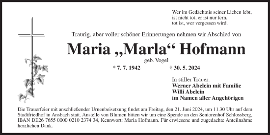 Traueranzeige von Maria Hofmann von Ansbach