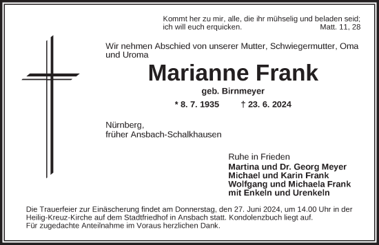 Traueranzeige von Marianne Frank von Ansbach