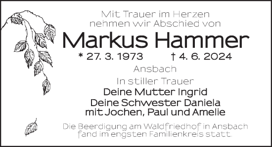 Traueranzeige von Markus Hammer von Ansbach