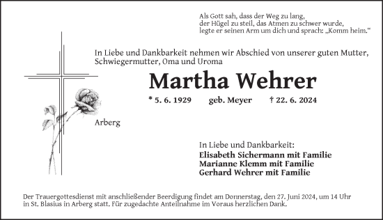 Traueranzeige von Martha Wehrer von Dinkelsbühl/ Feuchtwangen